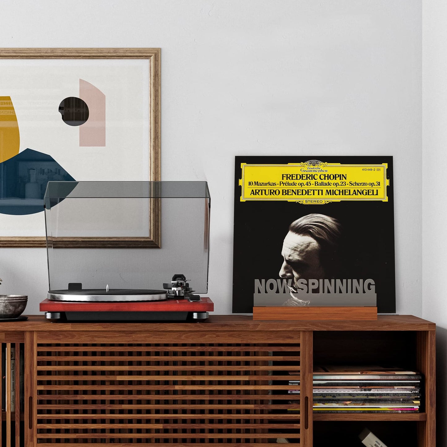 Light up Now Spinning Vinyl Record Stand, Now Playing Ammonite Record Stand, Wooden Acrylic Holder for Vinyl Album Display and Storage with Warm White