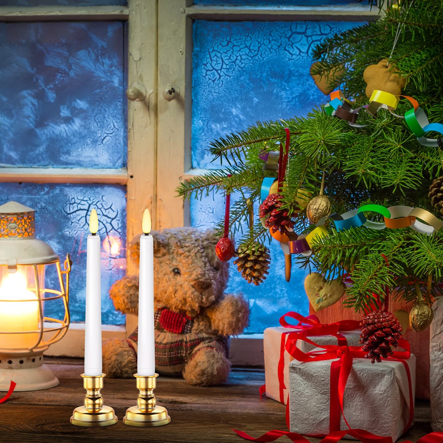 Daord LED Christmas Window Candle with 2 Remotes Battery Operated Flameless Taper Candles Warm Light Flickering and Timer for Wedding Party Holiday