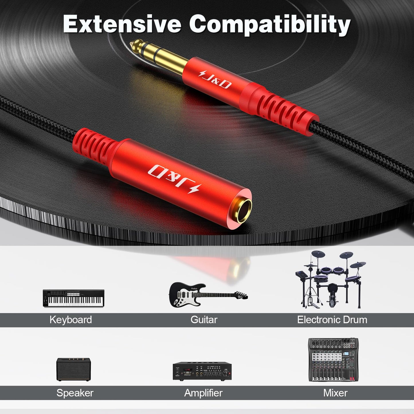 J&D 1/4 Inch Extension Cable, 6.35 mm Stereo Male to Female, Gold Plated Connectors, Durable PVC and Copper, Professional Audio Extender
