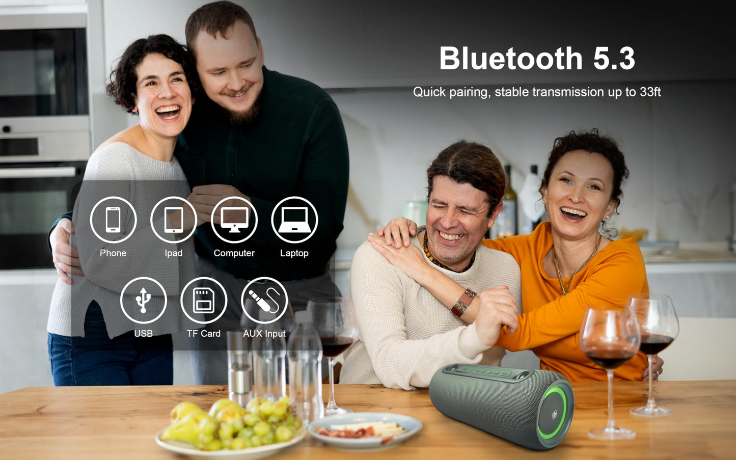 Fisher Portable Bluetooth Speaker IPX5 Waterproof Speaker, 26W PEAK Power Bluetooth Stereo, 7H Playtime, LED Lights, TWS, BT 5.3, Built-in Mic, Hands