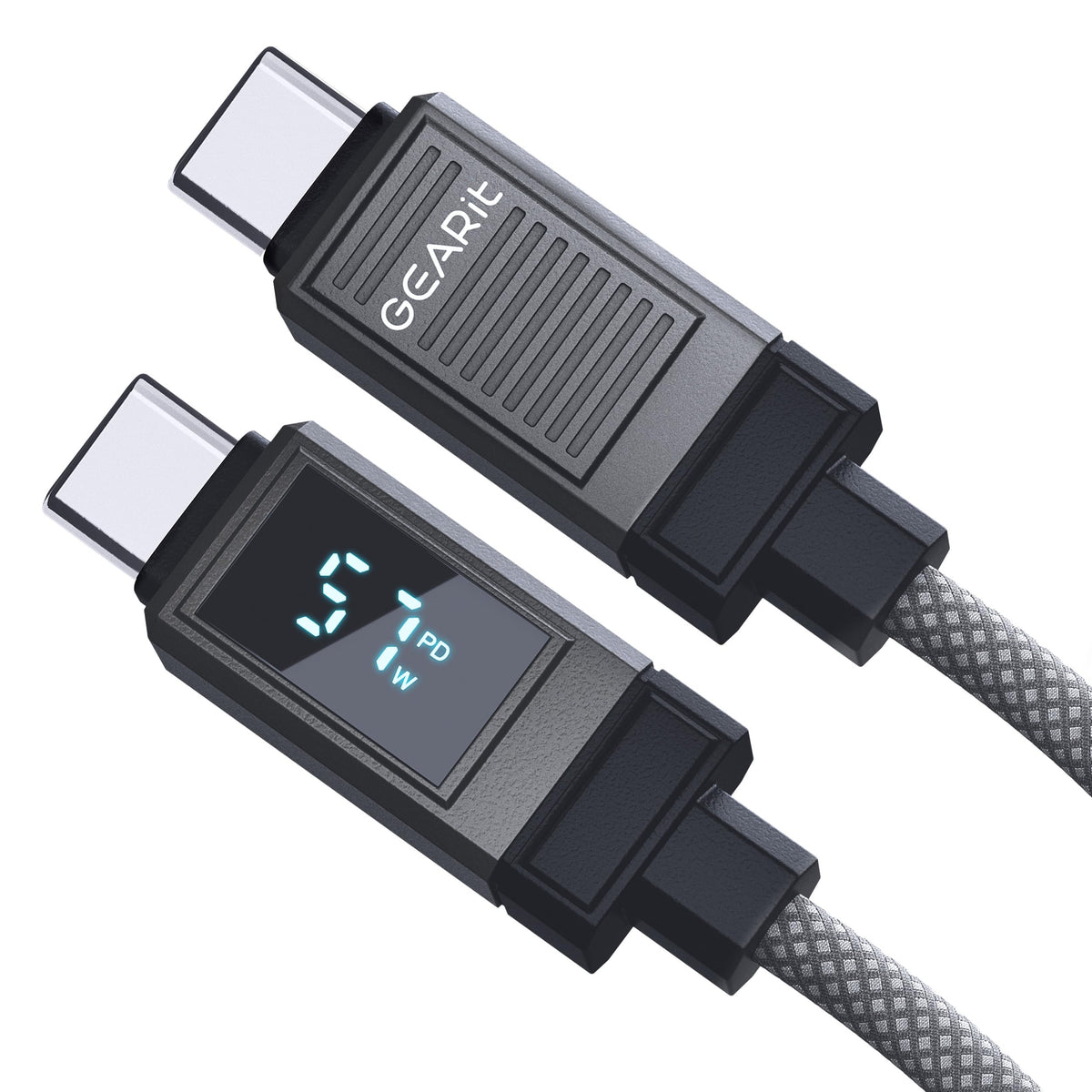GEARit 100W USB C to USB C Cable, Fast Charging Cord with Digital Display, Braided Charger for iPhone 16/15, MacBook, iPad Pro, Samsung, 3.3ft Grey