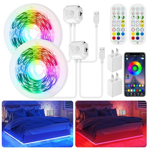 Under Bed Lights Motion Sensor Light Indoor, 2-Pack 9.8Ft Motion Activated RGB Color Changing LED Strips with Remote,App Control,Music Sync, USB