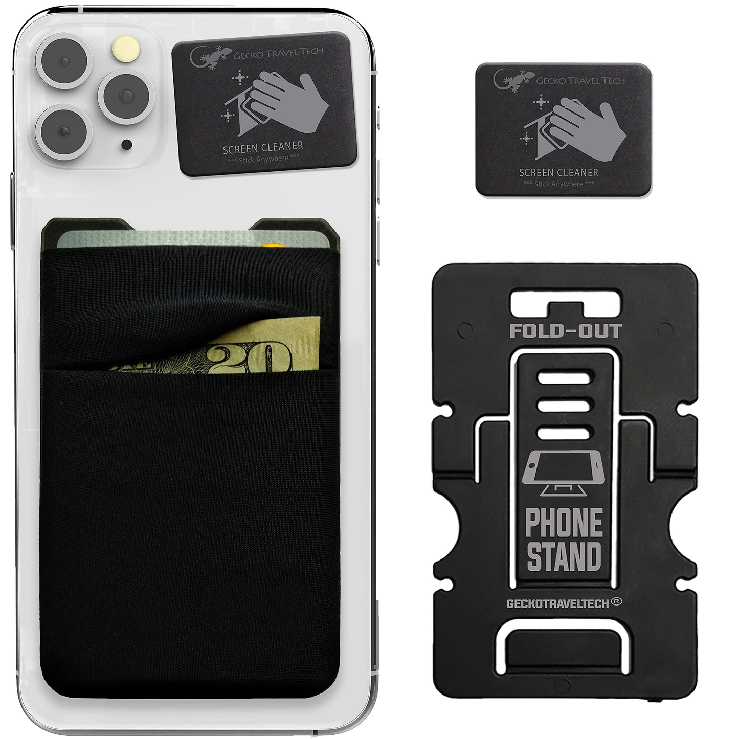 Phone Wallet Double Pocket Gecko - Adhesive Card Holder - Cell Phone Pouch - Stick on Spandex Pocket by Gecko - Carry Credit Cards and Cash