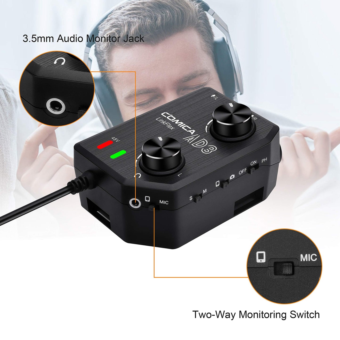 Comica LINKFLEX.AD3 2-Channel XLR/3.5mm/6.35mm Microphone Audio Mixer Preamp with Phantom Power, Real-time Monitoring, Guitar Audio Interface