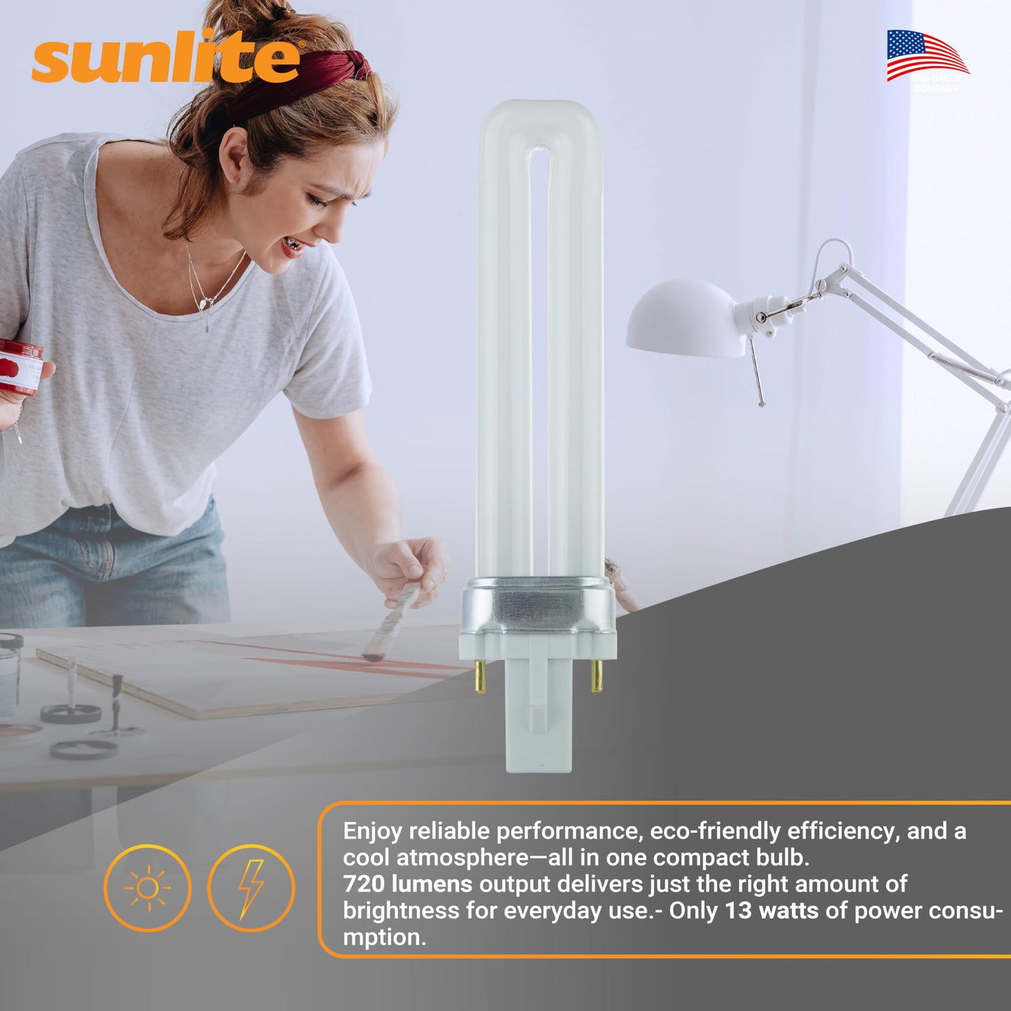 Sunlite PL13/SP65K Compact Fluorescent Single U-Shaped Twin Tube Light Bulb, 13 Watts, 120 Volts, 720 Lumens, 2-Pin GX23 Base, 6500K Daylight, 10 Pack