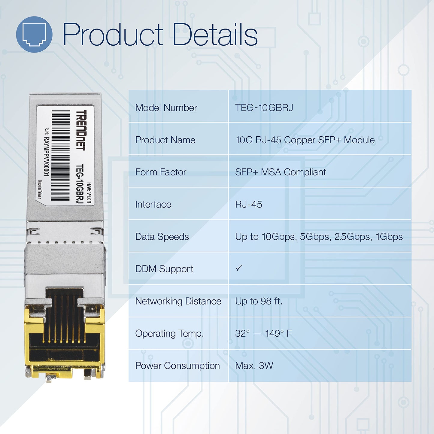 TRENDnet 10G RJ-45 Copper SFP+ Module, Convert A Standard SFP+ Slot Into A RJ-45 Multi-Gigabit Port, Connect Devices Up to 30m (98ft), Hot-Pluggable