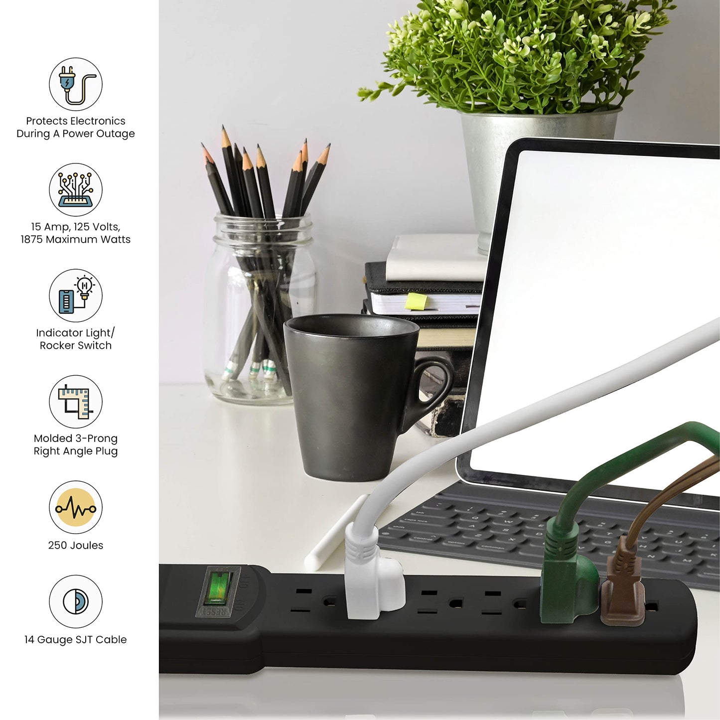 Power By GoGreen Go Green Power Inc. 6 Outlet Surge Protector, Black, 6ft Cord - 250 Joules, Circuit Breaker, Mountable, Great for in-Home Use