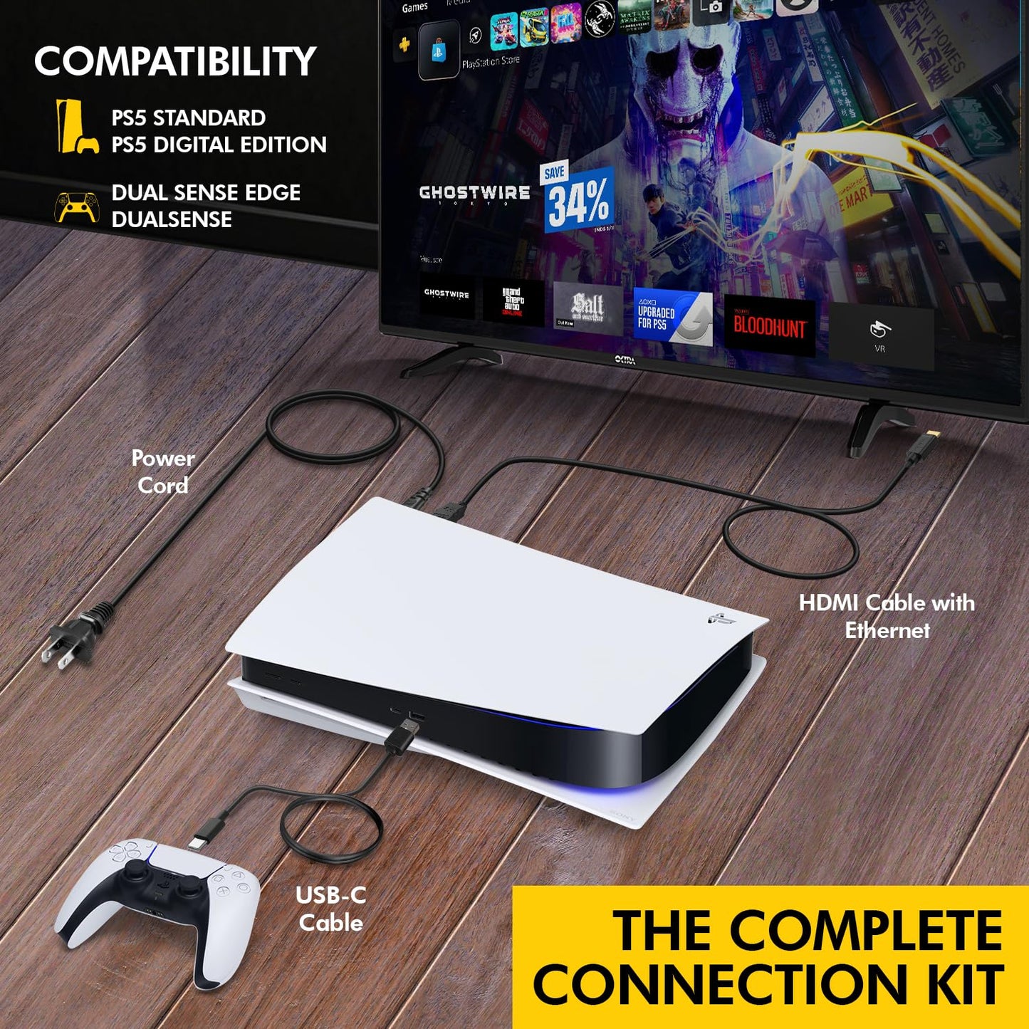 BRENDAZ PS5 Compatible Set of Cables - HDMI 8K Cable - USB C Cable - Power Cord Compatible with Sony PS5, PlayStation 5 Gaming Console, Dual Sense
