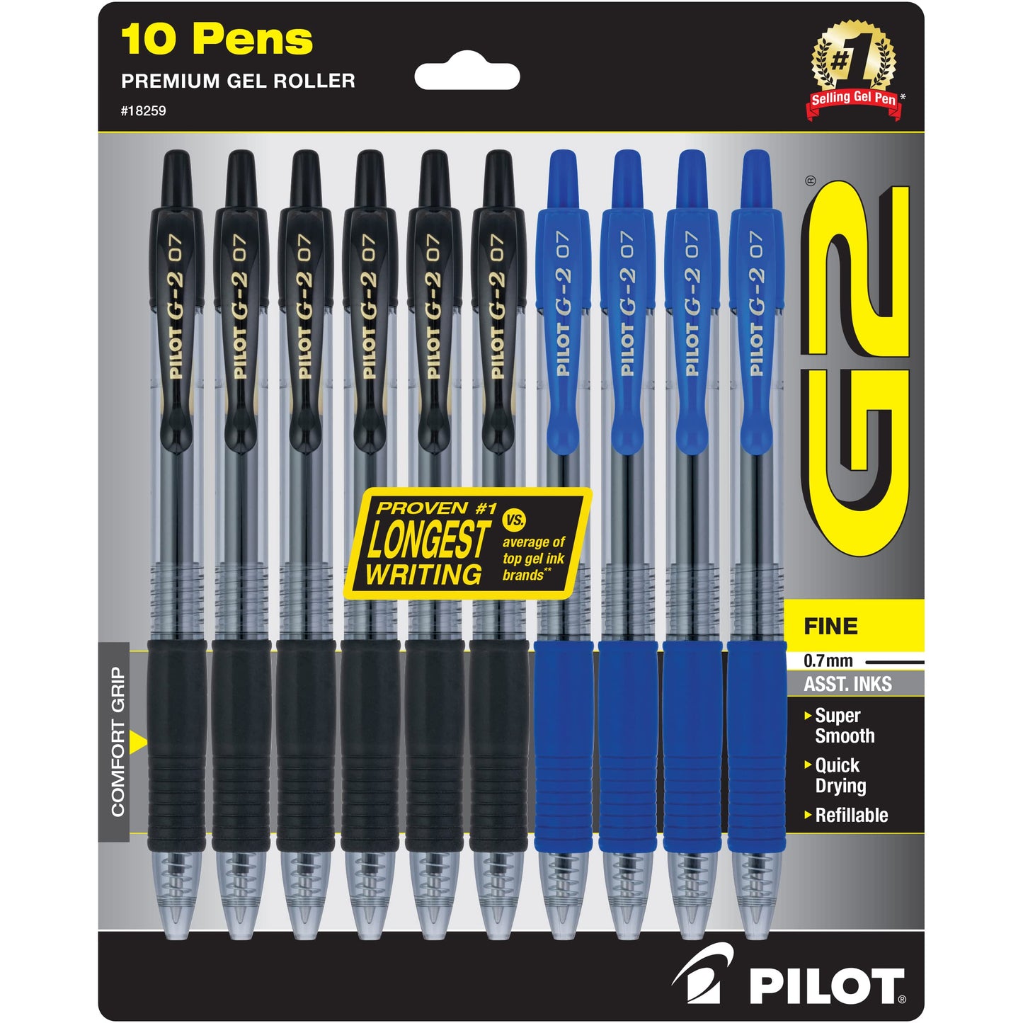Pilot G2 Premium Refillable & Retractable Rolling Ball Gel Pens, Fine Point, 0.7 mm, 6 Black & 4 Blue Ink Pens, 10-Pack