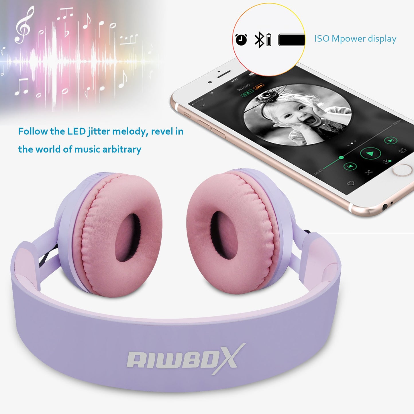 Riwbox WT-7S Kids Bluetooth Headphones Light Up, Foldable Stero Wireless Headset,with Microphone and Volume Control,Comfortable and Durable,for…
