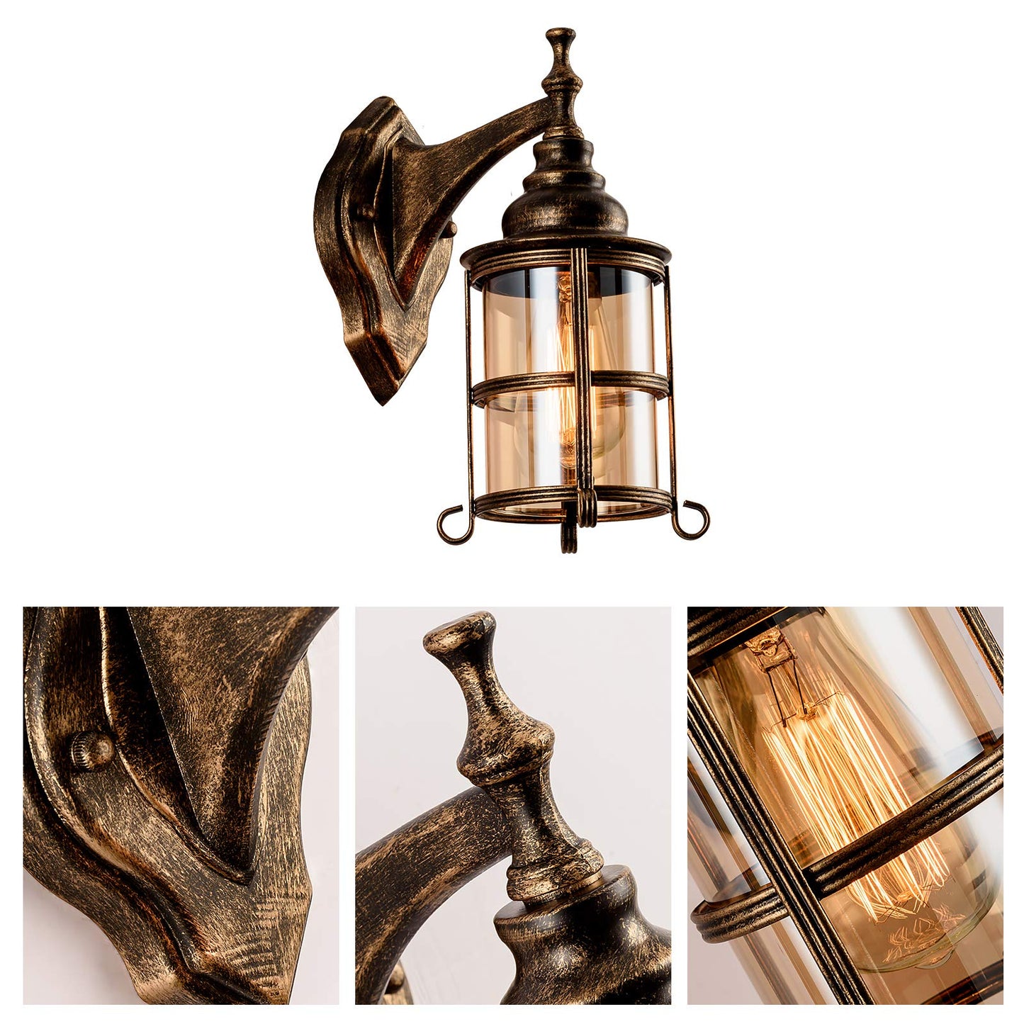 Plfann Rustic Amber Glass Wall Sconce 2-Pack, Bronze Brushed, Industrial Farmhouse Lamp Porch Lighting Waterproof Retro Lamp for Indoor Bedroom Living