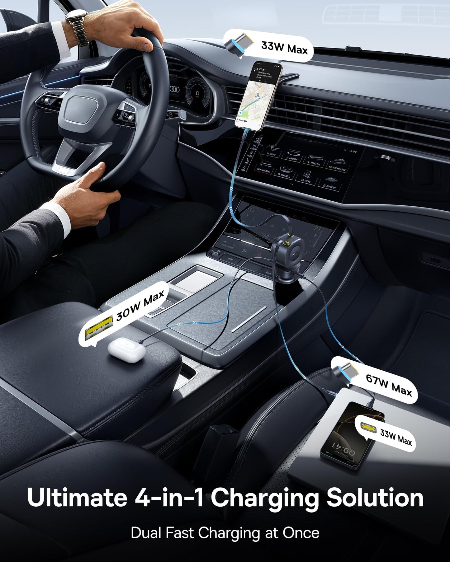 Baseus 163W Retractable Car Charger USB C Fast Charging, PrimeTrip VR2 Max 4 in 1 Fast Car Charger with Dual Retractable USB C Cable for iPhone 17 16