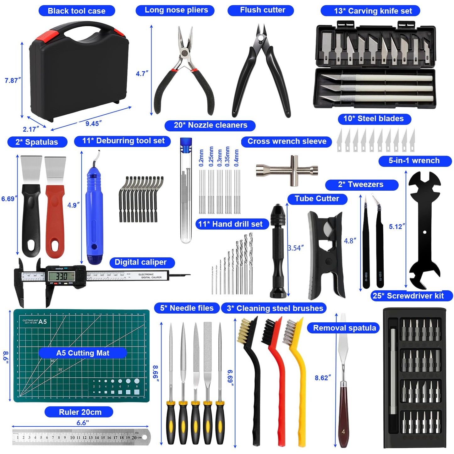 112 PCS 3D Printing Tool Kit, 3D Printer Accessories with Nozzle Cleaning Kit, Deburring Tool, Digital Caliper, Pliers, Wrench Set, Cutting Mat, Tool