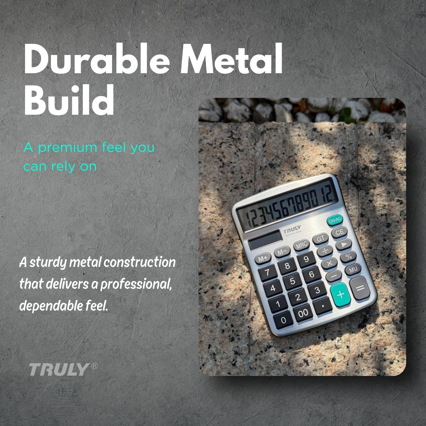 TRULY 12 Digits Desktop Calculator with Large LCD Display and Sensitive Button, Dual Solar Power and Battery, Standard Function for Office, Home