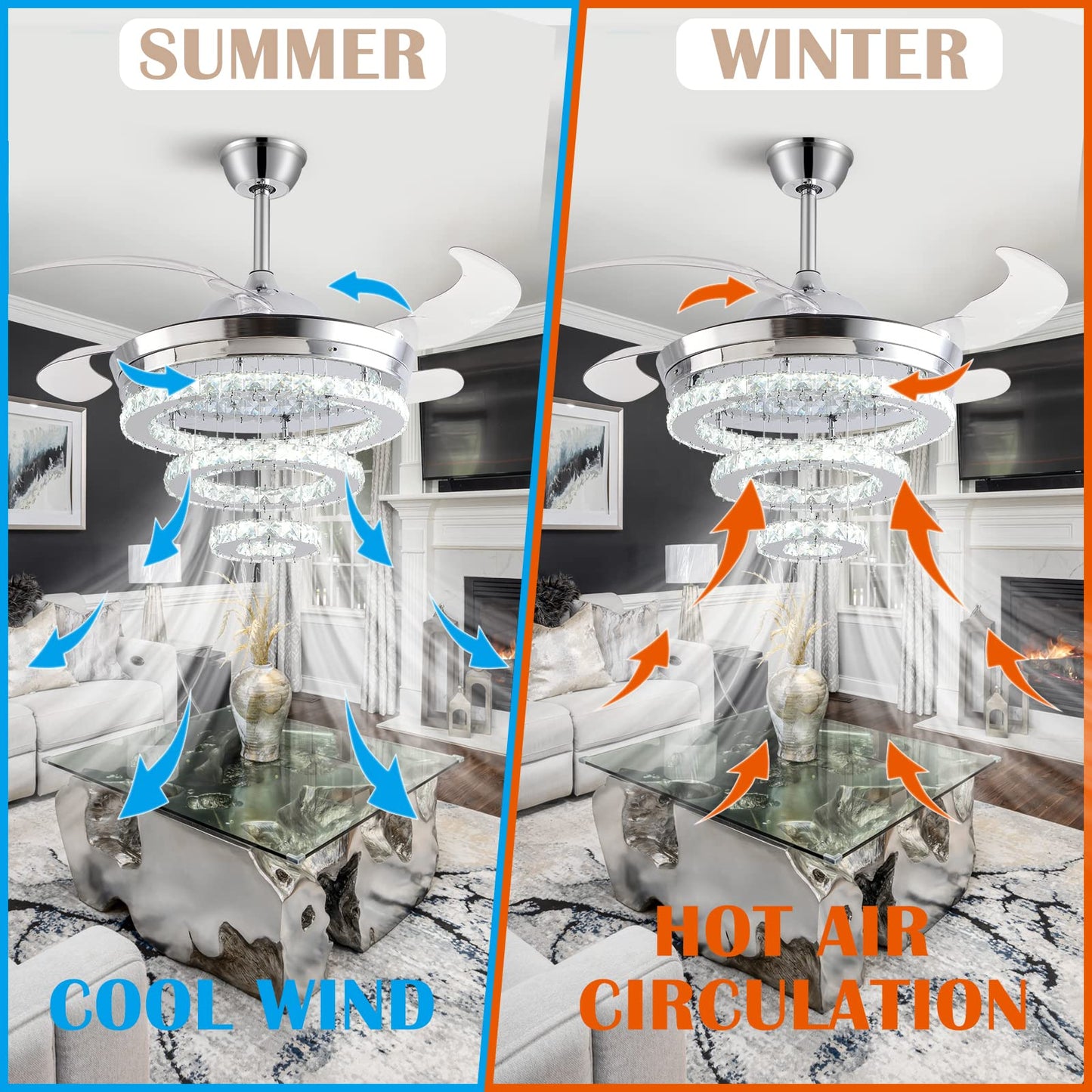 42" Crystal Ceiling Fan with Lights,Modern DIY Crystal Chandelier Ceiling Fan with Remote Control,Invisible Retractable Ceiling Fan for Living Room