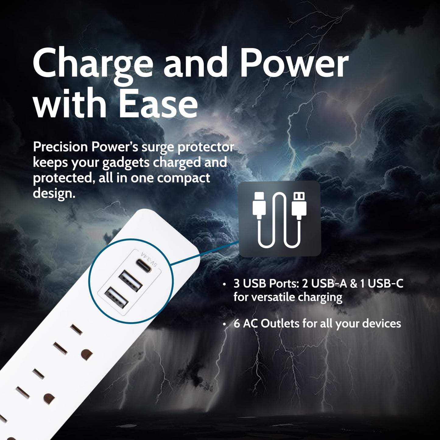 Precision Power Surge Protector Extension - Heavy Duty 6-Feet Cord with 6 Outlets, 3 USB Ports, Multi-Outlet Use w/LED Lights Indicator, Ideal