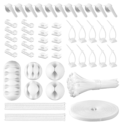 CHZHLI White Cable Management Organizer Kit, 2 Wire Sleeve Protector, 41 Self Adhesive Cable Clips Holder, 10pcs+2 Roll Reusable Cable Ties and 100