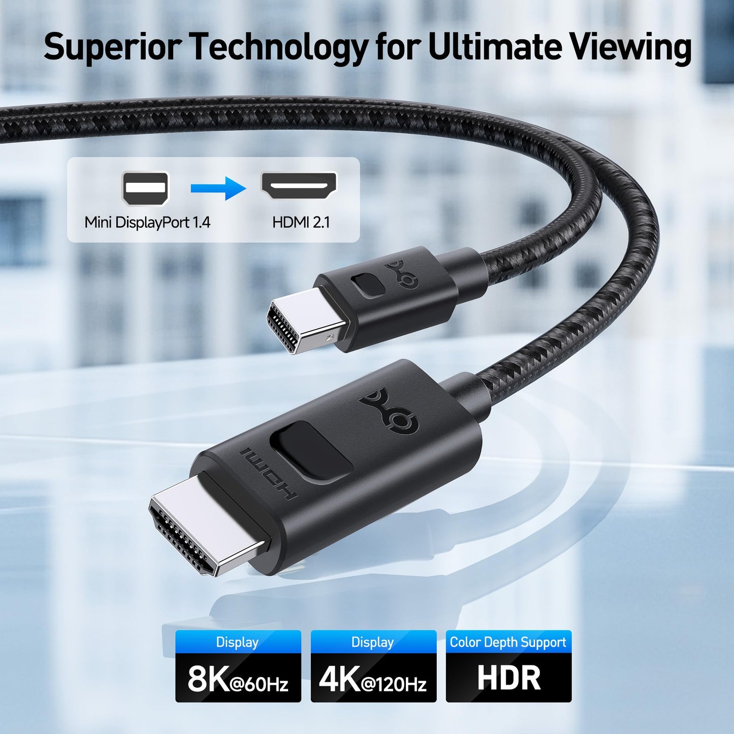 Cable Matters 8K Mini DisplayPort 1.4 to HDMI 2.1 Cable - 6ft / 1.8m, with 4K 240Hz / 8K 60Hz, Unidirectional Mini Display Port to HDMI 2.1 Cable