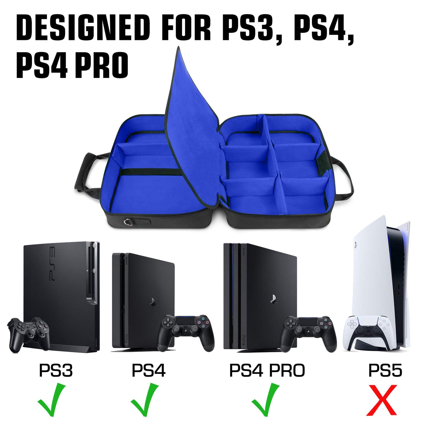 USA Gear PS4 Travel Case - Travel Bag Compatible with Playstation 4 Slim, Playstation Pro and PS3 - Carrying Case with Customizable Interior for PS4