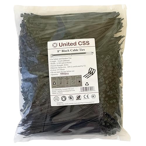 Cable Zip Ties 8 Inch Black, 1000 Pcs, 50 Lbs Tensile Strength, Self-locking UV Resistant Plastic Nylon Wire Ties, for Indoor and Outdoor Use,