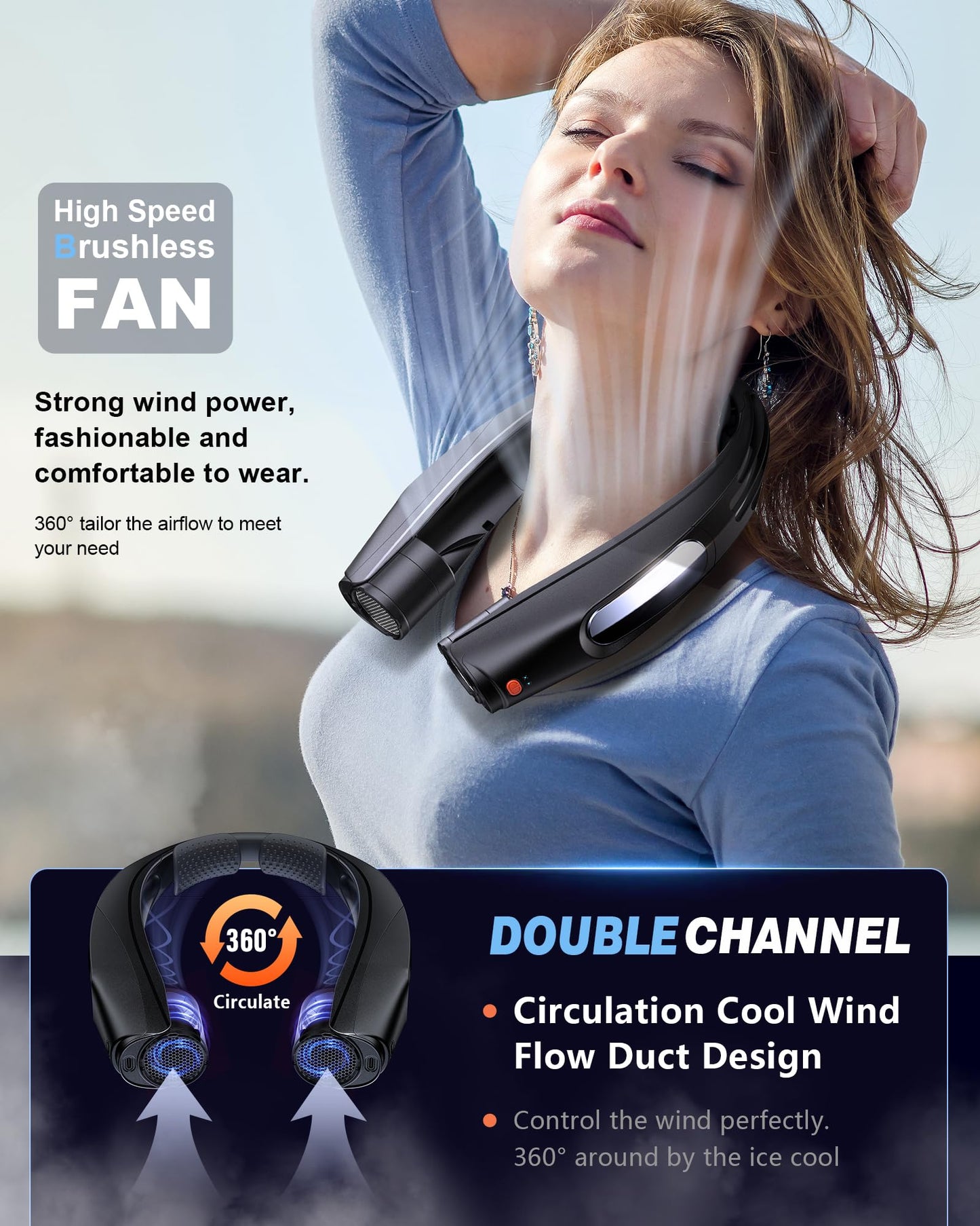 ZEEFO Portable Neck Fan, Hands Free Personal Fan- 6000mAh Battery Operated, USB Rechargeable Fan with 6 Adjustable Speeds, Cooling Wearable Fan