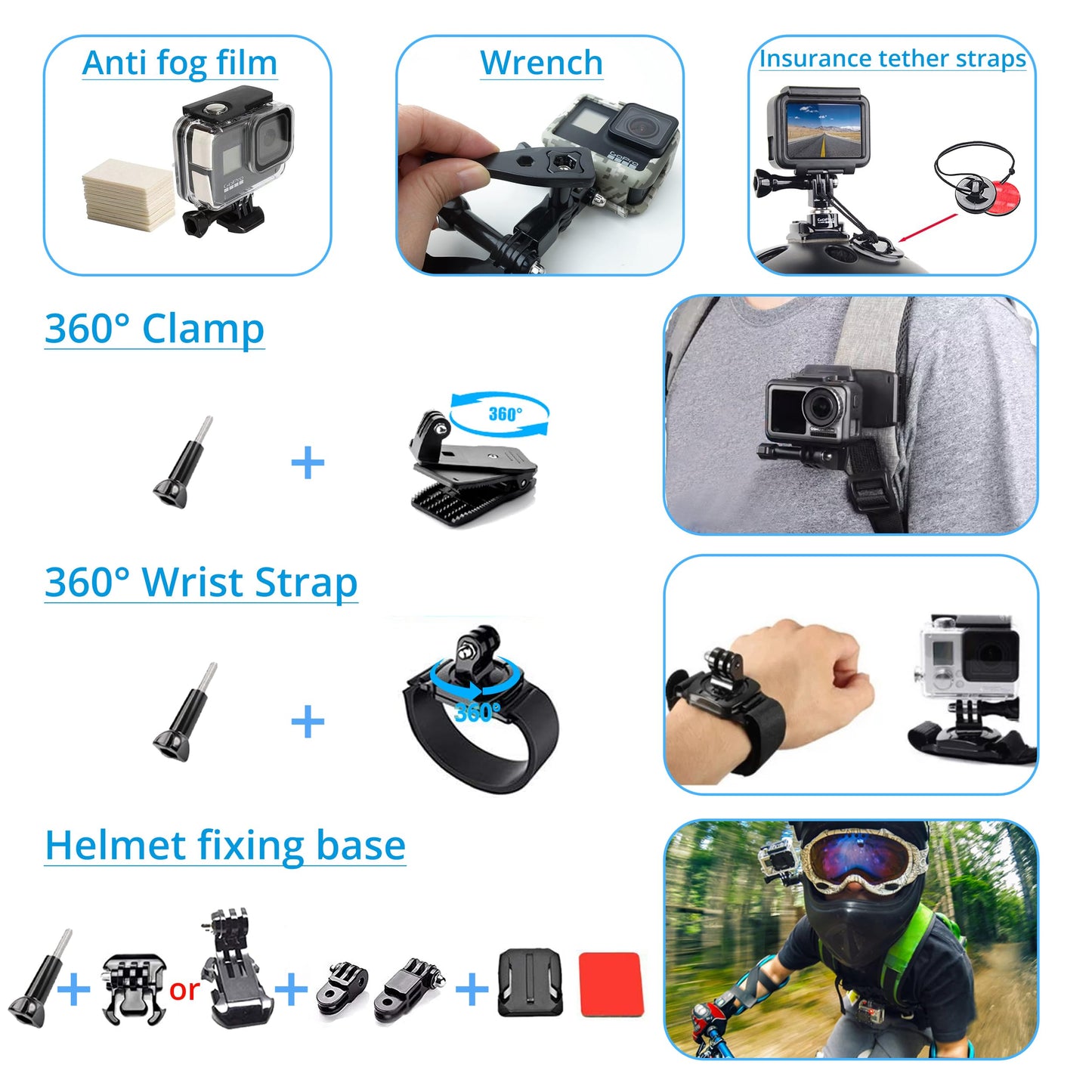 lifelimit Accessories 62 in 1 Accessories Starter Kit Compatible with All Gopro Hero 13/12/11/10/9/8 max Fusion/Session/HD Black White Silver AKASO