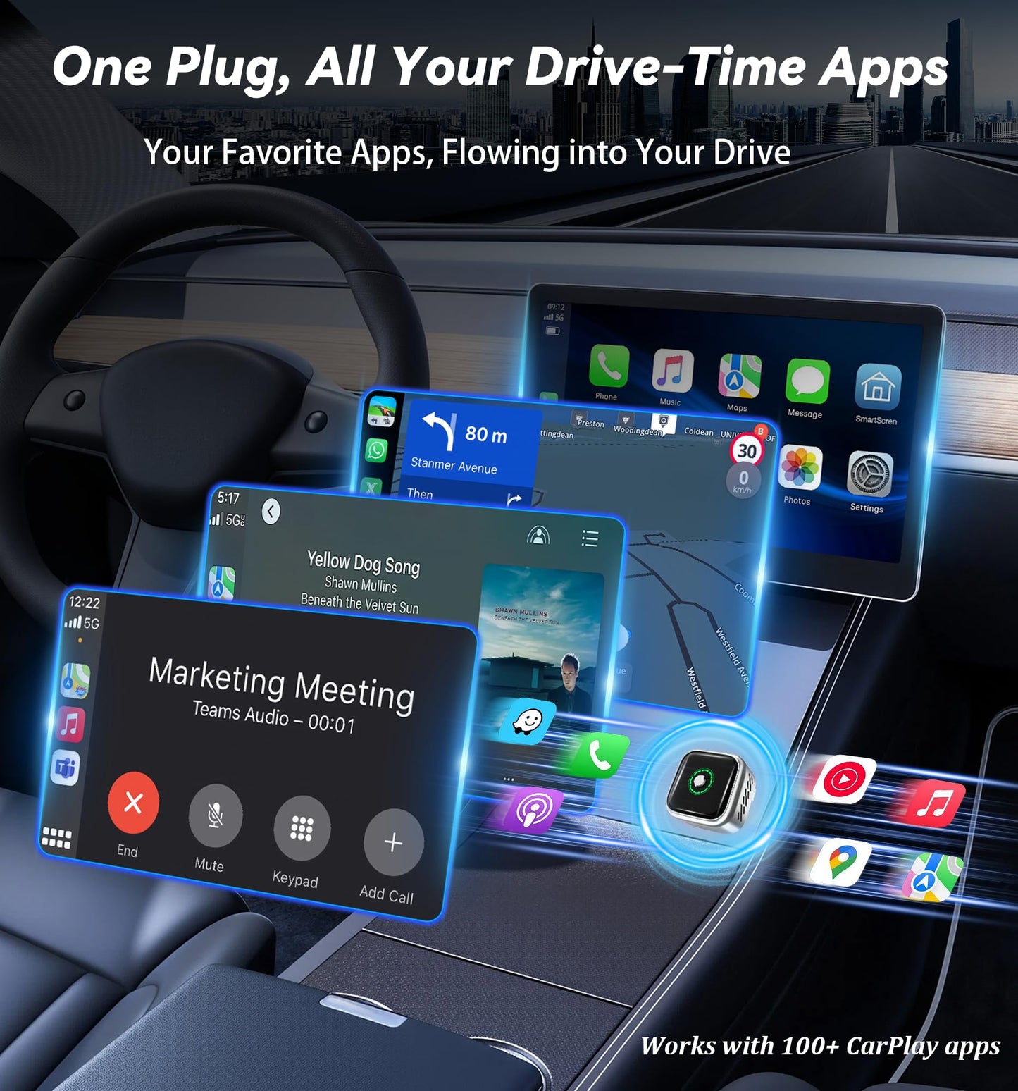 Wireless CarPlay Adapter with Buttons for Privacy Call & Two-Phone Fast Switch, Aluminum Cooling, Dual-Band WiFi Bluetooth5.0, Mini Cable-Free