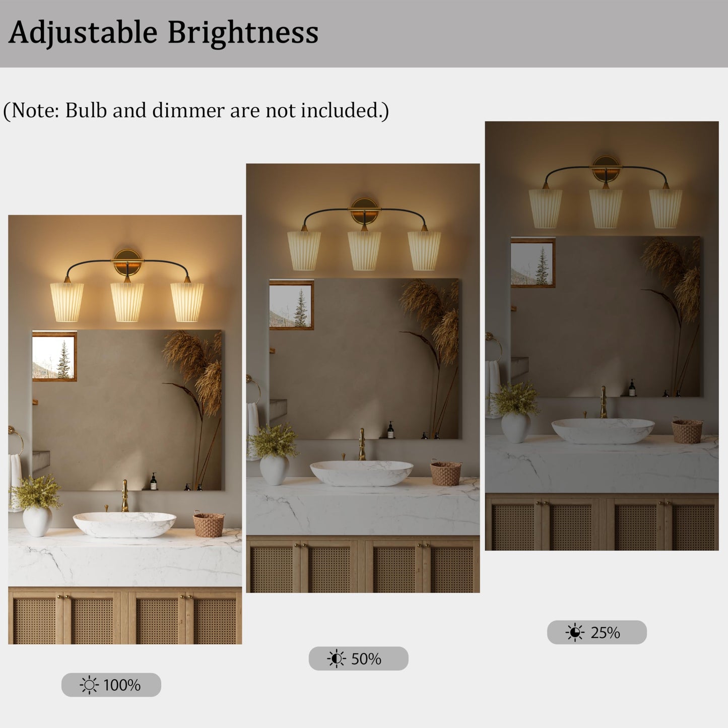 Lanxithen Bathroom Light Fixtures Over Mirror, 3 Light Vanity Light for Bathroom, Black Gold Vanity Light Fixtures with Flared Ivory White Fabric