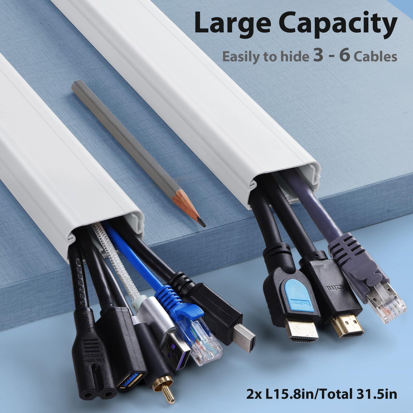 Cord Cover Wall 32in, TV Cord Hider for Wall Mounted TV, Large Cable Hider Kit for 3-6 Cords, Wire Management Raceway, White Wire Hider Concealer, 2 x