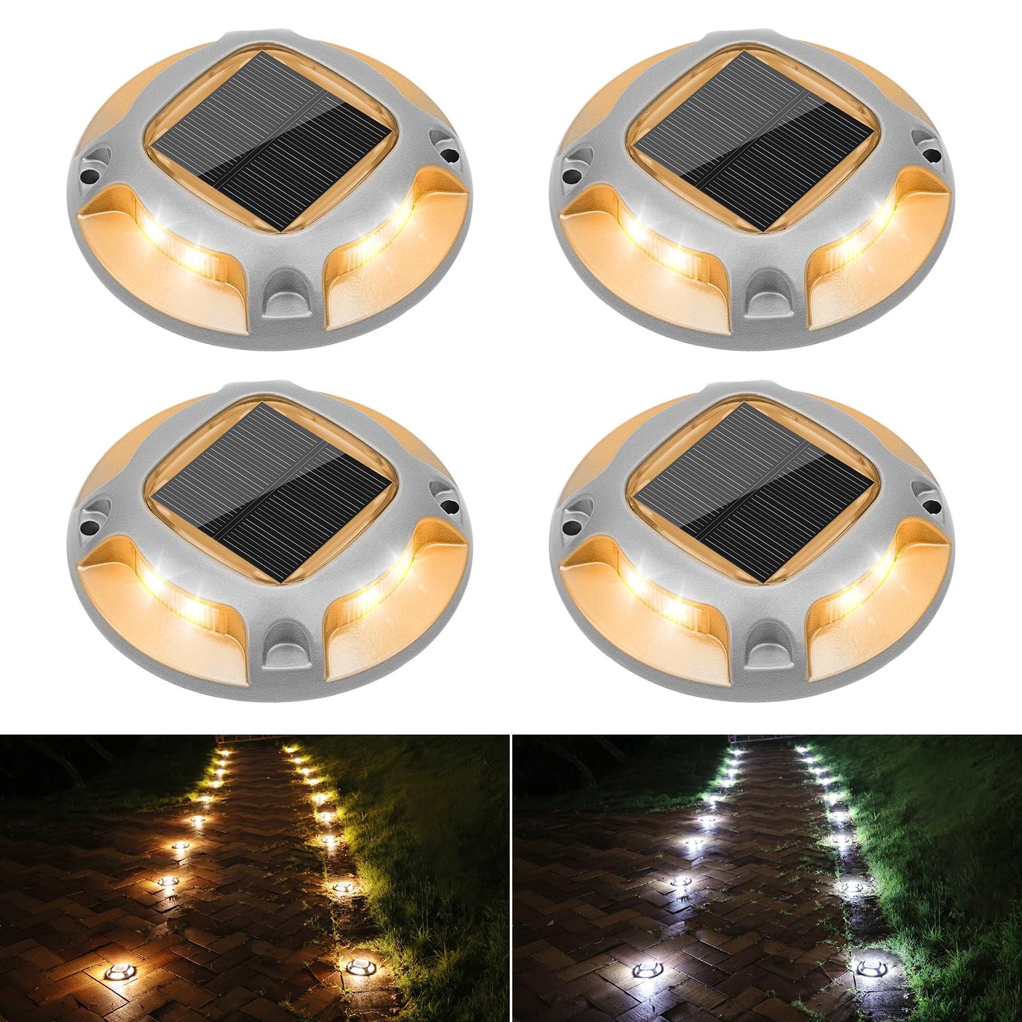 VOLISUN Solar Driveway Lights Dock Marine Lights 4 Pack,2 Colors in 1,Outdoor IP67 LED Deck Light,Solar Powered Waterproof Warning Step Light