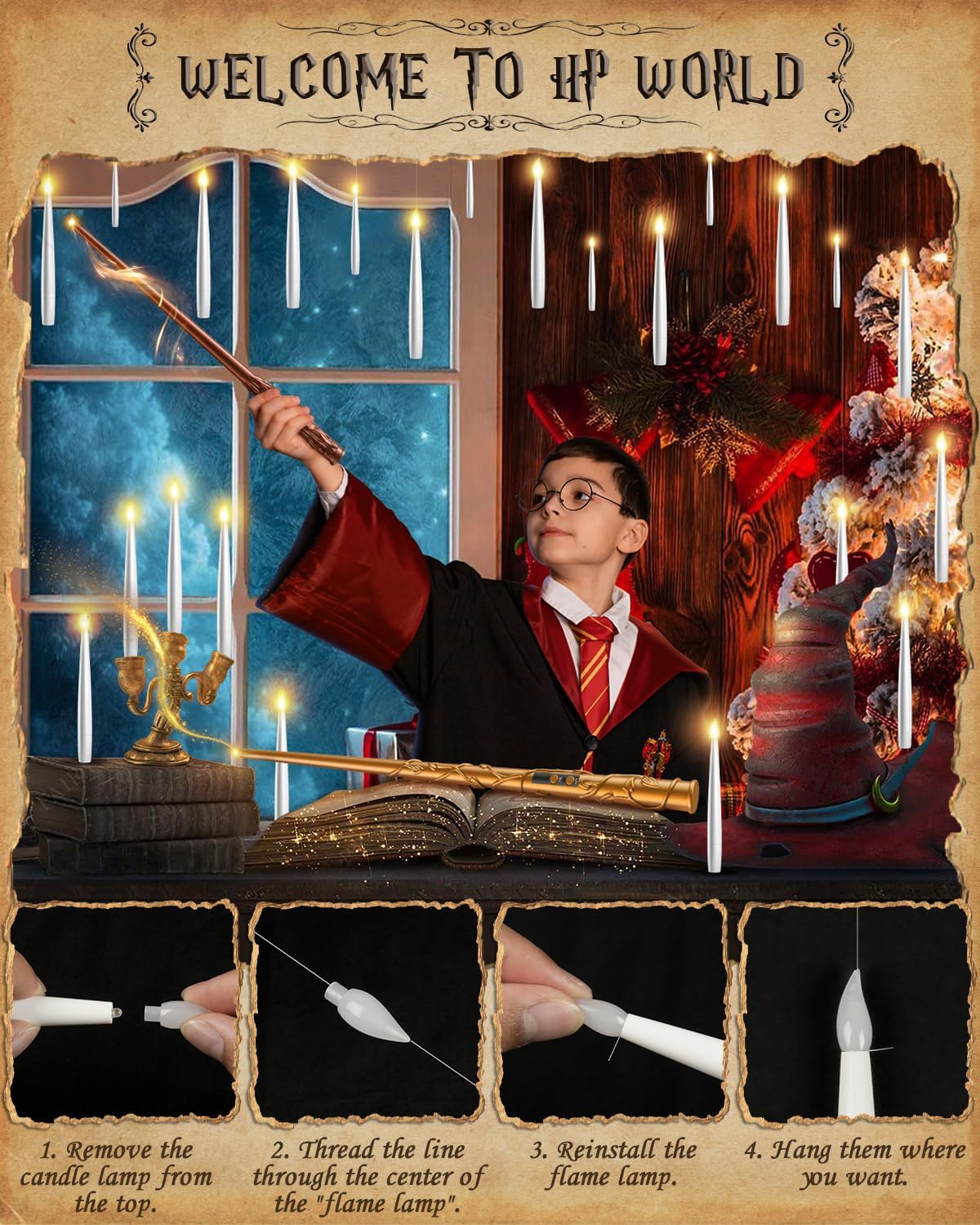 TLPUHU Floating Candles with Wand - 18 Pcs Christmas Decorations Magic Flameless Candles Flickering Warm Light Battery Operated LED Hanging Candles