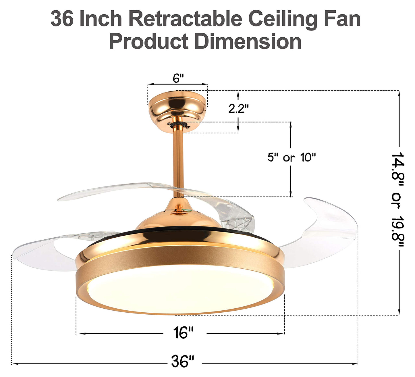 36In Retractable Ceiling Fan with LED Light and Remote Control, Retractable Blades, 3 Color Dimmable Modern Ceiling Fan for Bedroom/Living Room/Dining