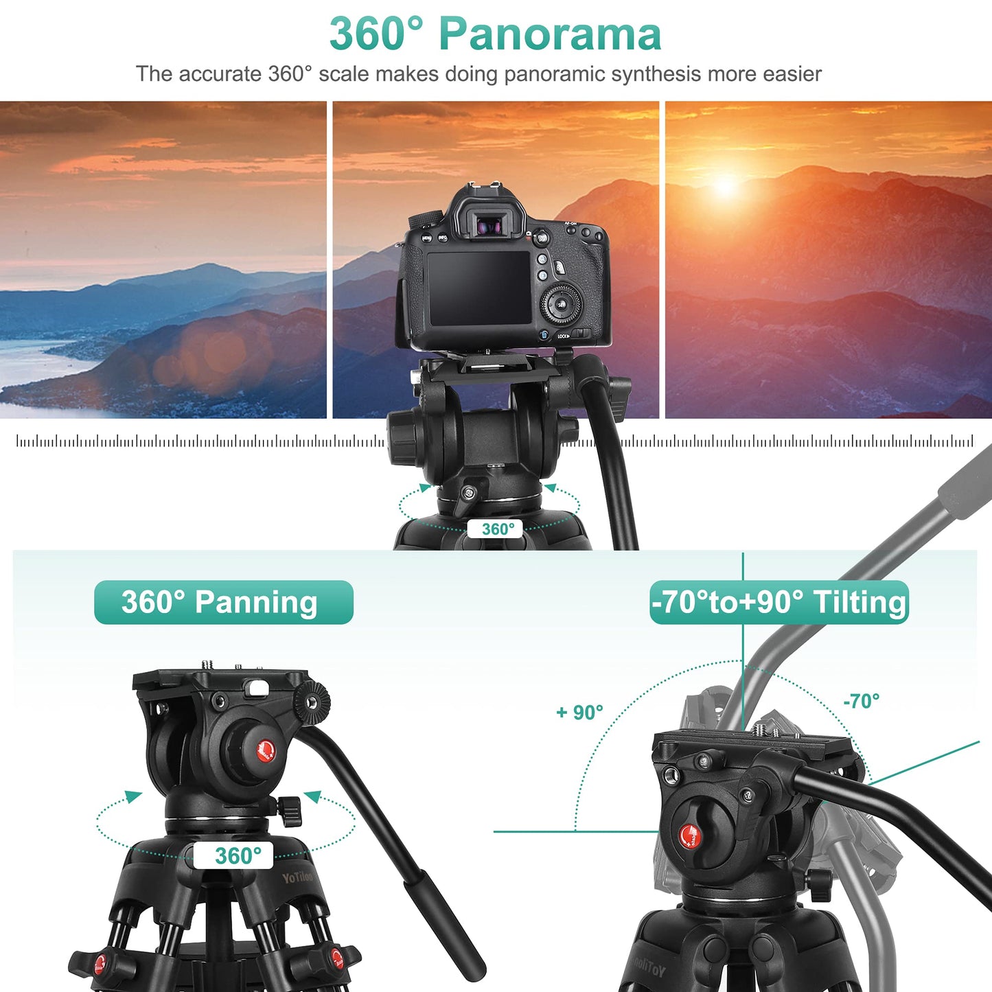 YoTilon Heavy Duty Tripod,70.8 Inch Professional Video Tripod with Fluid Head and Max Loading 17.6 LB, Universal QR Plate, for HDSLR