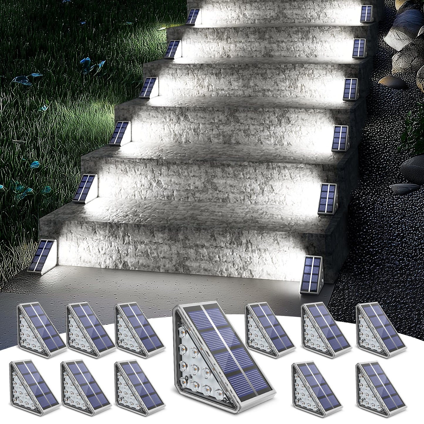NIORSUN Outdoor Step Lights, 12 Pack Solar Stair Lights Outdoor Waterproof IP67 Auto On Off, Solar Lights for Steps,Stair,Patio,Yard,Porch,Front
