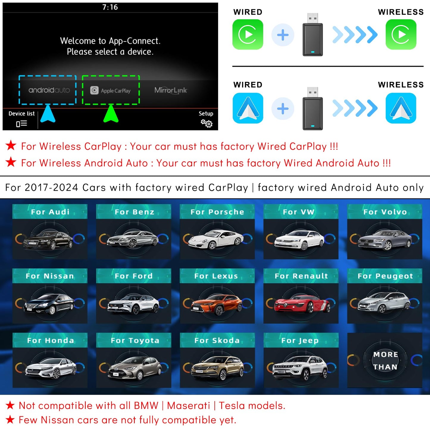 2IN1 Wireless CarPlay Android Auto Adapter for Apple iPhone ? Android (2025-2026 Upgrade), Convert Original Wired to Wireless CarPlay Adapter USB