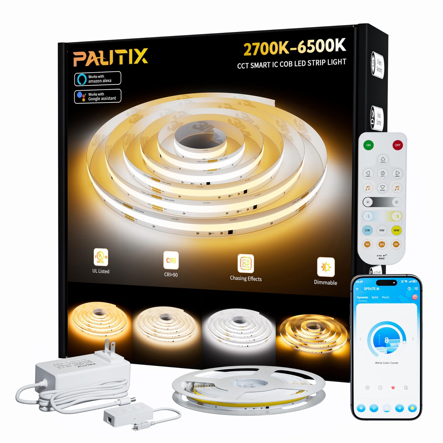 PAUTIX COB LED Strip Lights Addressable 2700K-6500K Chasing White Light CCT Smart IC Tunable Tape Lights 16.4ft Super Bright Dimmable,Alexa Voice