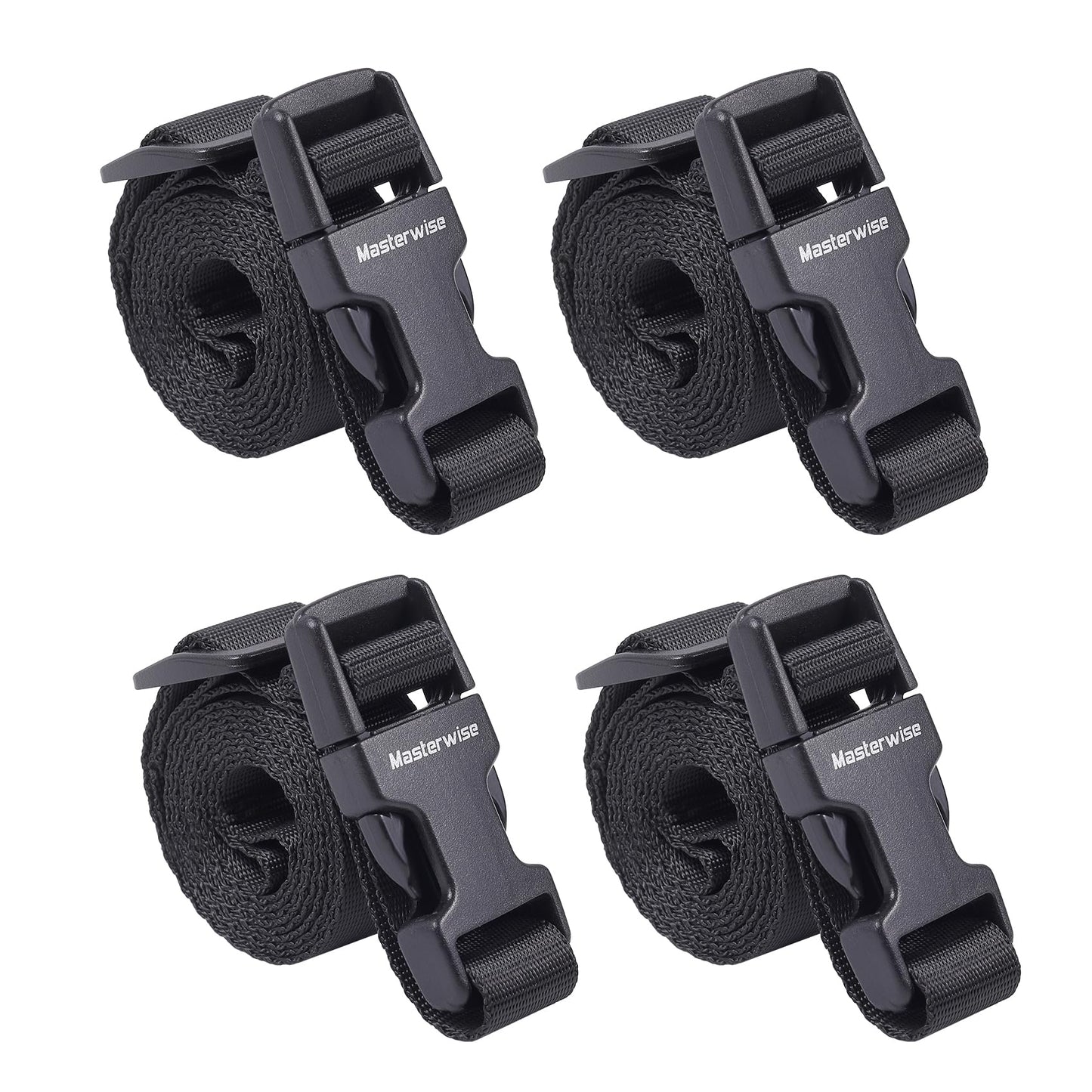 Masterwise Adjustable Buckle Straps with Clips – 4 Pack Durable Nylon Straps with Quick Release Buckles for Travel, Camping & Storage (Black)