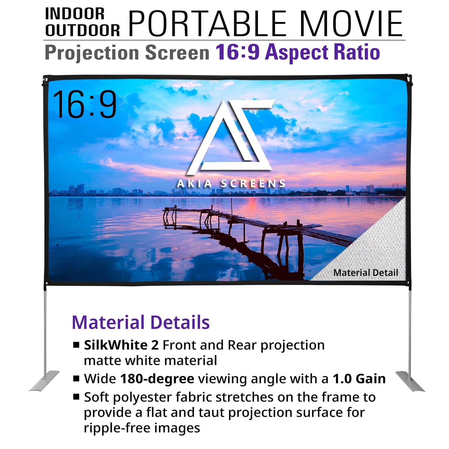 Akia Screens 125 Inch Portable Projector Screen with Stand and Carry Bag, 16:9 Foldable Front & Rear Projection Screen for Indoor & Outdoor Movies