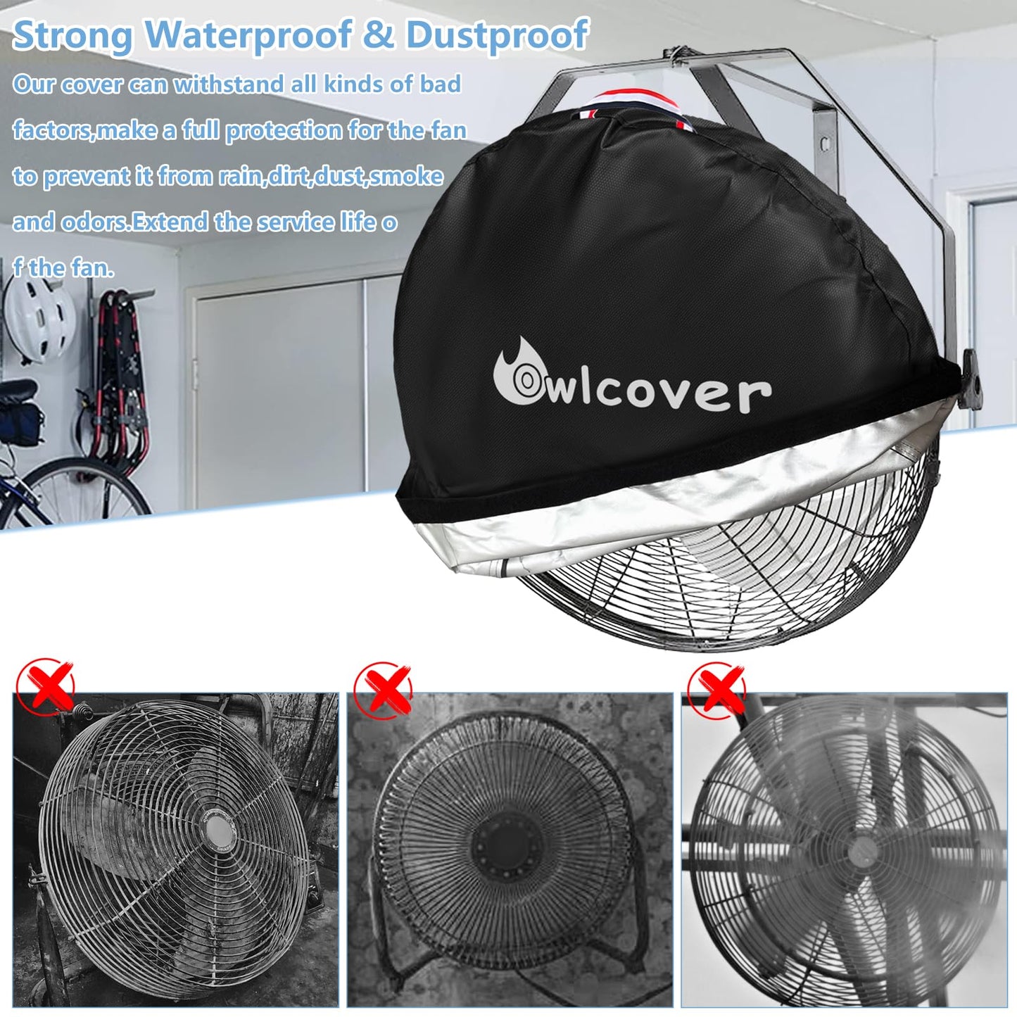 Owlcover Wall Mounted Non Oscillating Fan Cover 18-21 Inch Heavy Duty 600D Waterproof Dustproof Industrial Outdoor Fan Protector Black (Cover Only)