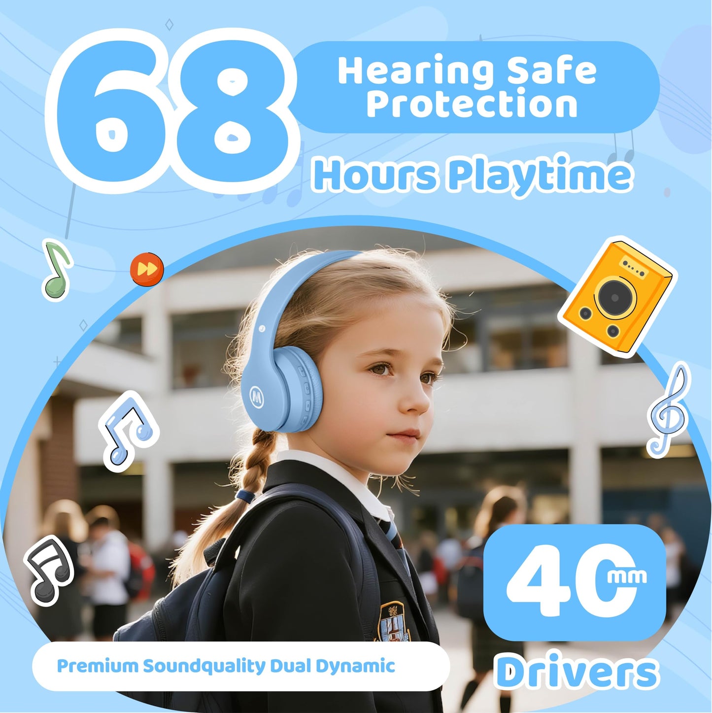 Mokata Headphones Kids Bluetooth 5.4 Wireless Play Time 68H Safe Volume Limit 85/94dB Over-Ear Foldable Headset,Fast Charging,with Aux Cord Built-in…