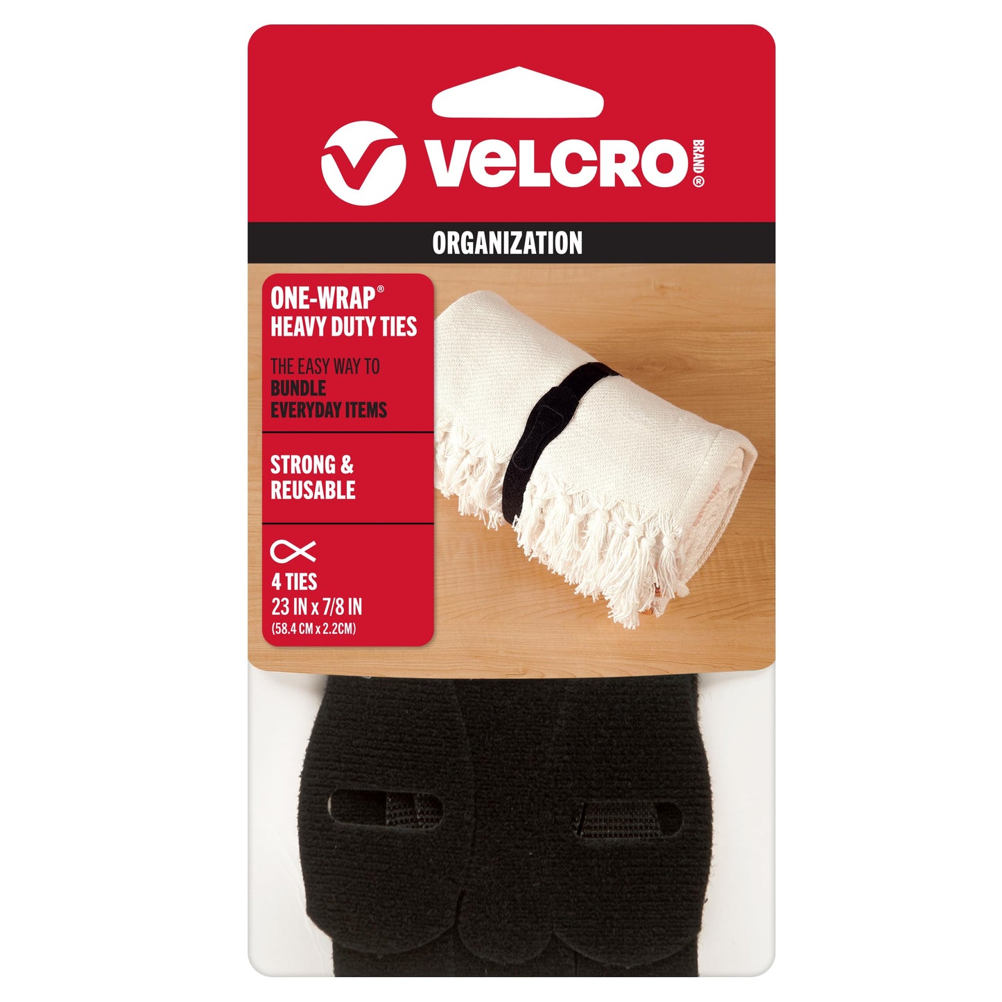 VELCRO Brand ONE-WRAP Ties | Reusable Pre-cut and Self Gripping | For Bundling Hoses, Wood, Heavy Duty Extension Cords | 4 Ct 23” x 7/8” | Black