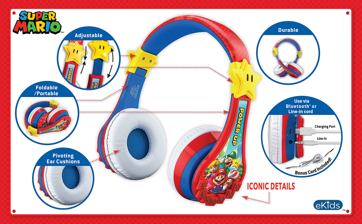 Super Mario Wireless Bluetooth Portable Kids Headphones with Microphone, Volume Reduced to Protect Hearing Rechargeable Battery, Adjustable Kids…