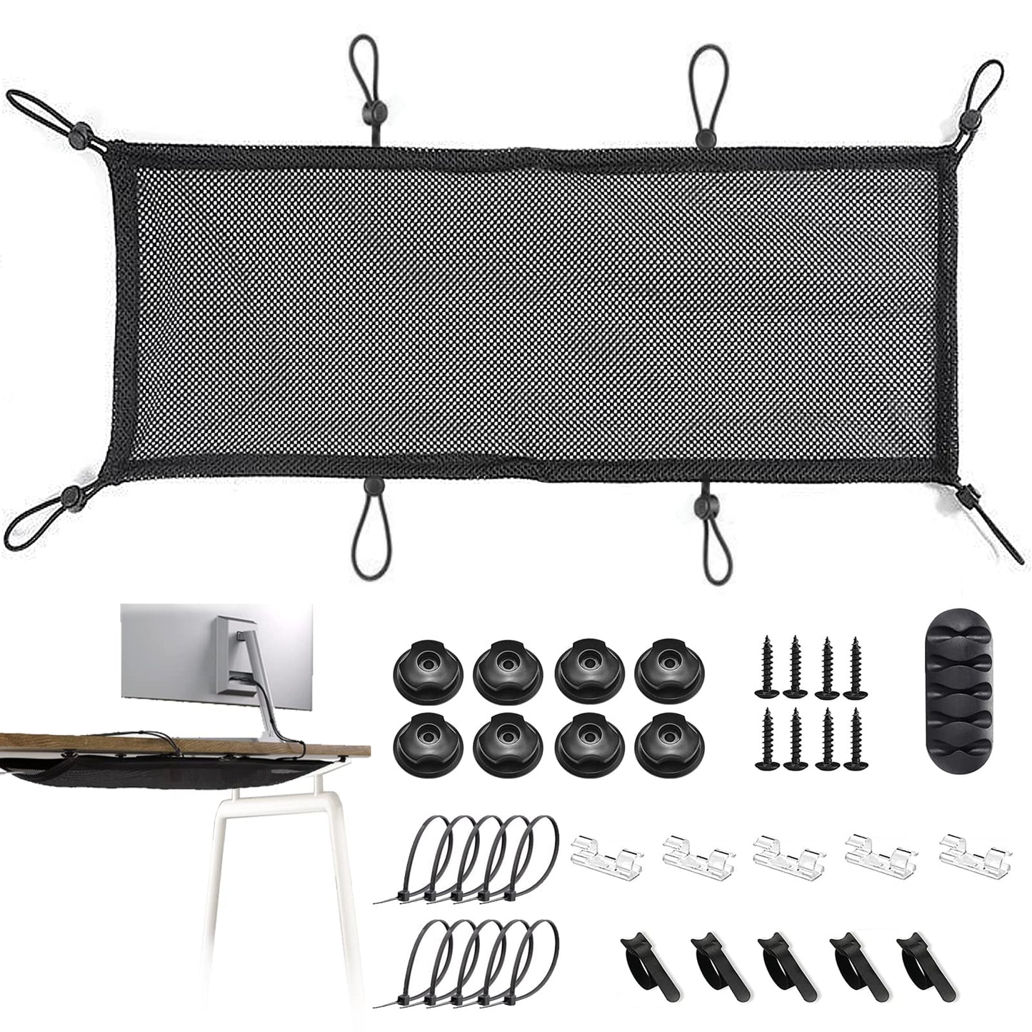 Under Desk Cable Management Net, 36PCS Under Table Cord Management Mesh Organizer Flexible Wire Hiders, Extra Large Capacity Wire Management Kit Under