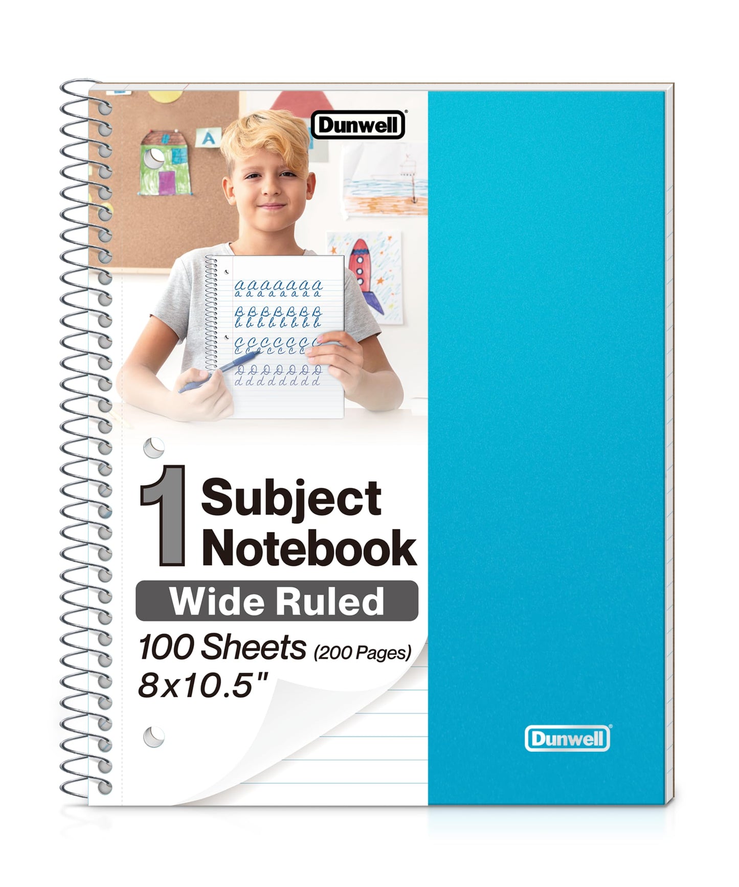 Dunwell 1 Subject Spiral Notebook, Blue Plastic Cover, 100 Sheets (200 Pages) 8x10.5 Paper, Wide Ruled Composition Notebooks with Poly Pocket