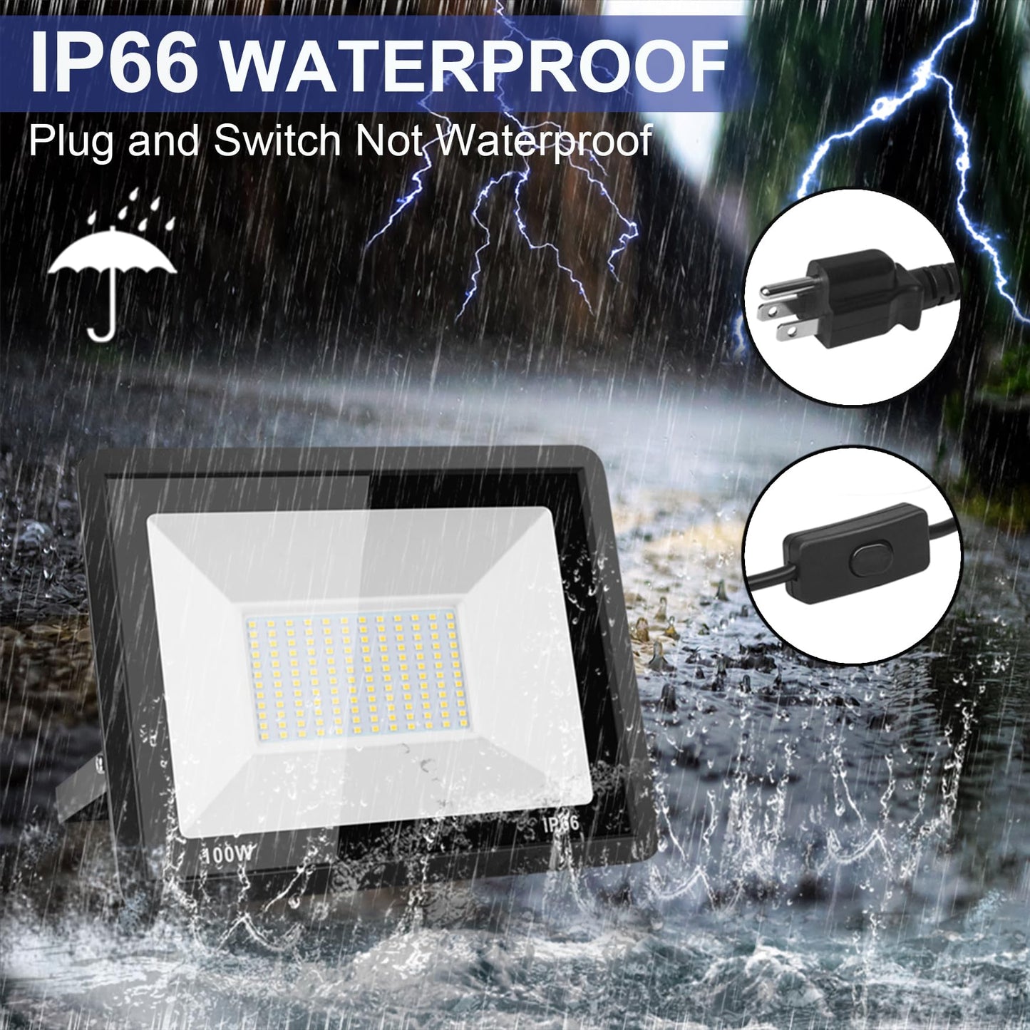 2-Pack 100W LED Flood Light Outdoor, 10000LM Bright Plug-in Flood Lights with Switch, IP66 Waterproof Exterior Security Lights, LED Work Light