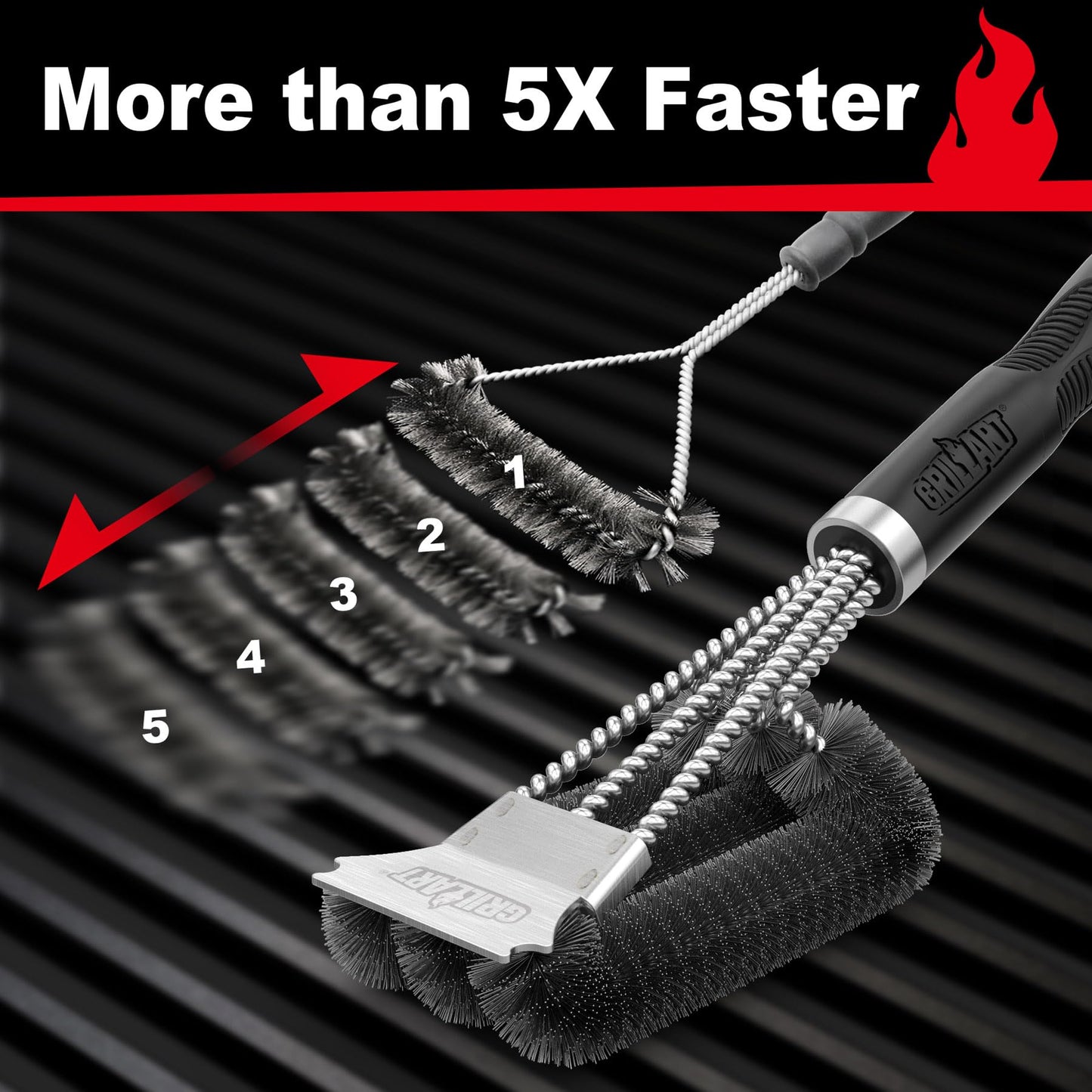 GRILLART Grill Brush & Scraper – Extra Strong BBQ Cleaner with Safe Wire Bristles for Gas & Charcoal Grills, Triple Scrubber BR-8115