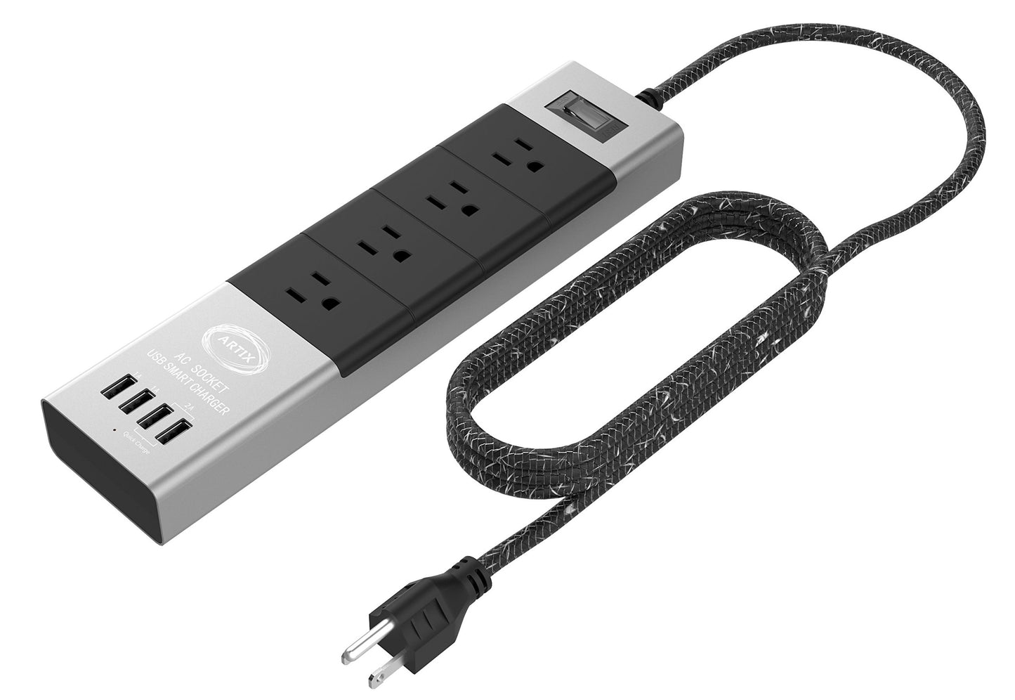 Power Strip Surge Protector by Artix NRGPower C500, Aluminum with Scratch-Proof Rubber Protective Outlets, 4 Outlets and 4 USB Ports, iSmart
