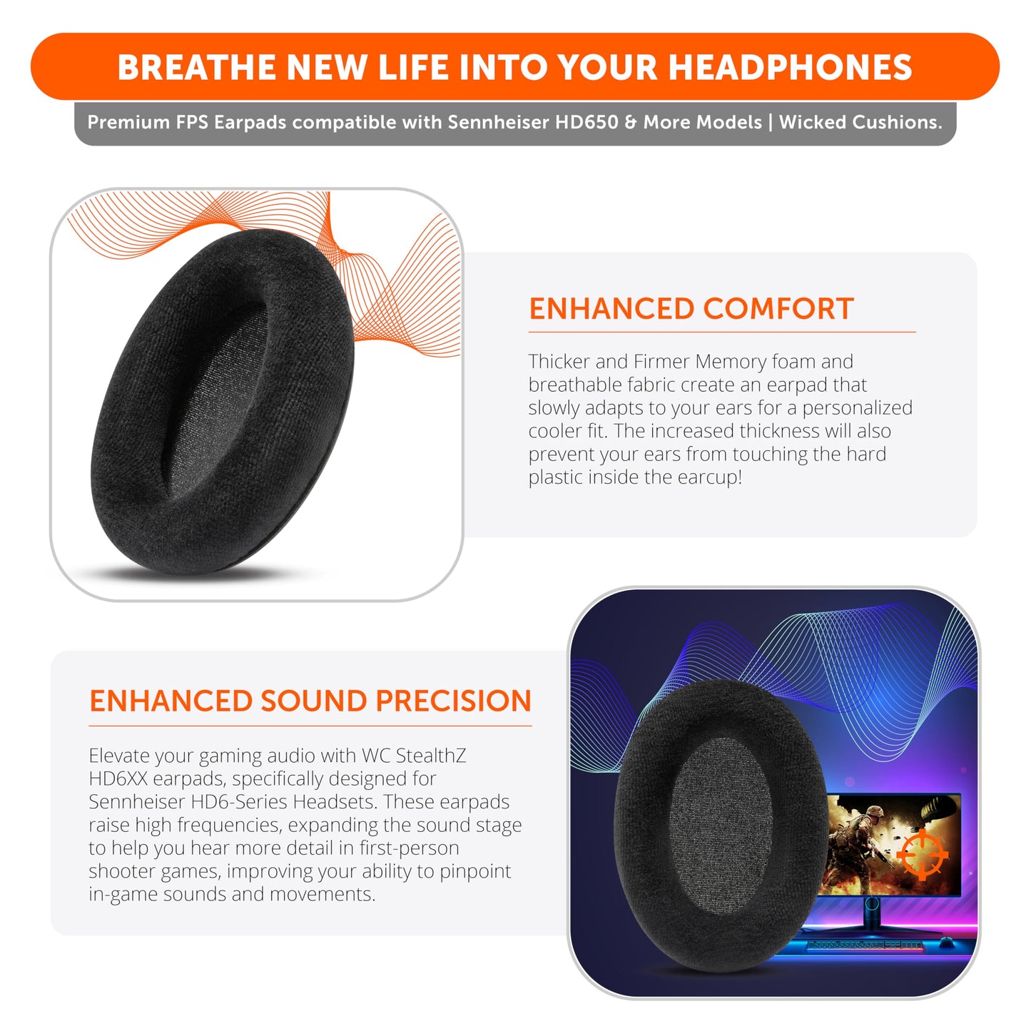 WC StealthZ HD6XX - Upgraded Earpads Compatible with Sennheiser HD6-Series Headphones by Wicked Cushions & GadgetryTech | Enhanced Sound Precision