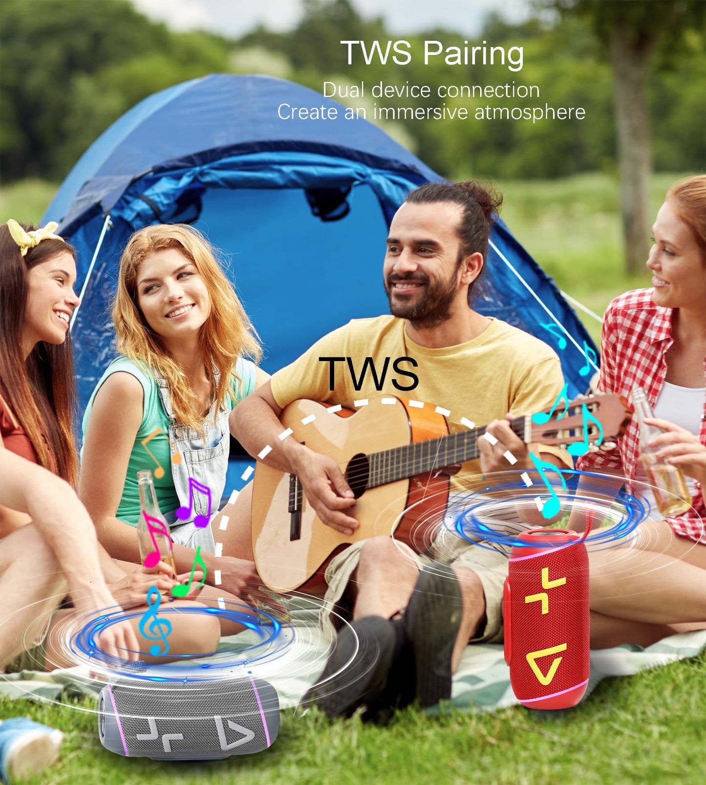IPX6 Waterproof, Portable Bluetooth Speaker with Stereo Sound, Wireless Speakers with RGB lights, 24H Playtime, TWS Pairing, BT5.3/TF-Card, for Home