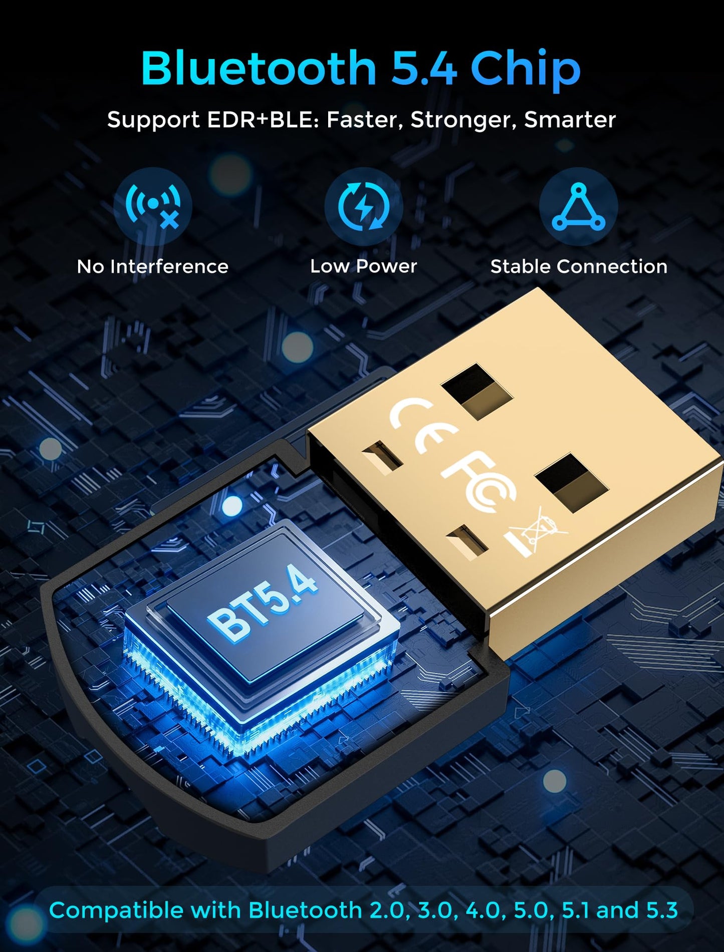 gliship 5.4 USB Bluetooth Adapter for PC, Dual Mode (BLE+EDR) Plug & Play, Up to 7 Devices, Compatible with Windows 11/10/8.1